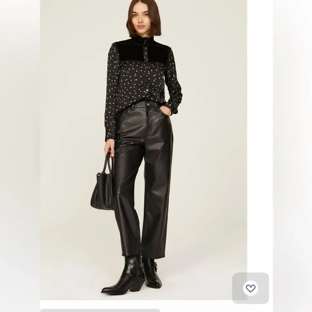 $330 The Kooples Heart Print Top Velvet Yoke Button Front Shirt Black NWT